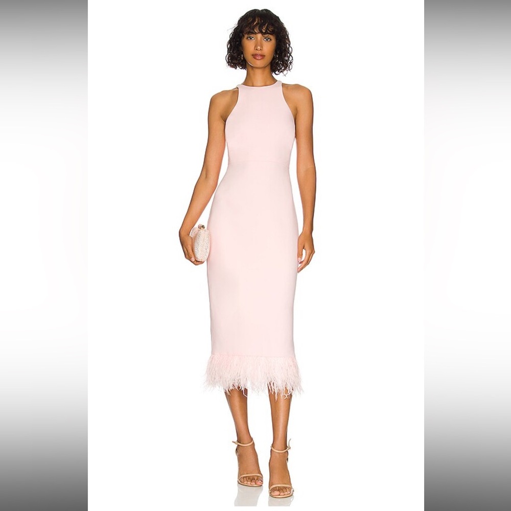 Likely Soft Pink Midi Dress with Feather Detail